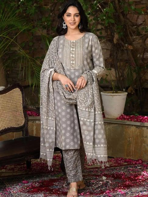 zolo label grey printed kurta with pant & dupatta