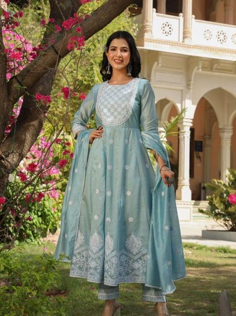 zolo label ivory blue embroidered kurta with pant & dupatta