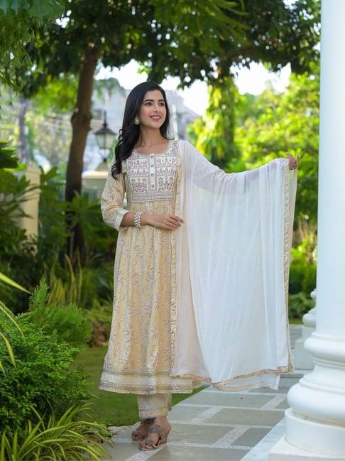 zolo label cream embroidered kurta with pant & dupatta