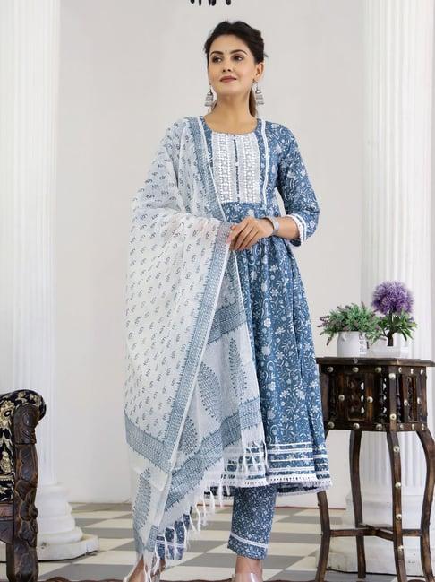 zolo label blue embroidered kurta with pant & dupatta