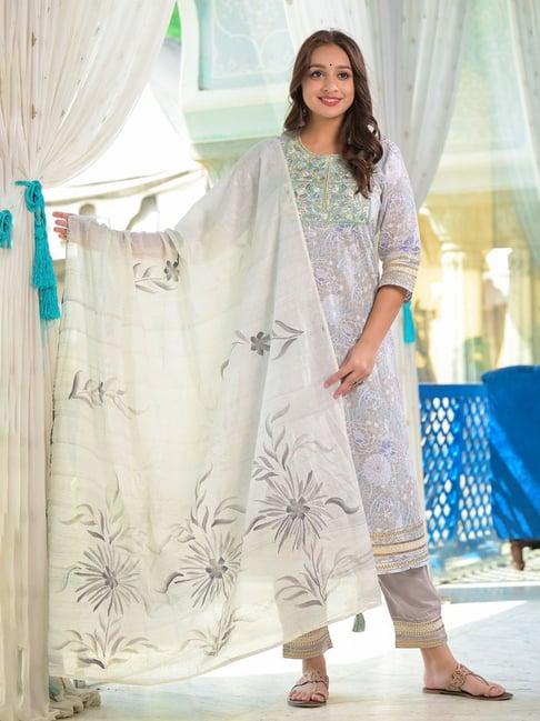 zolo label grey printed kurta with pant & dupatta