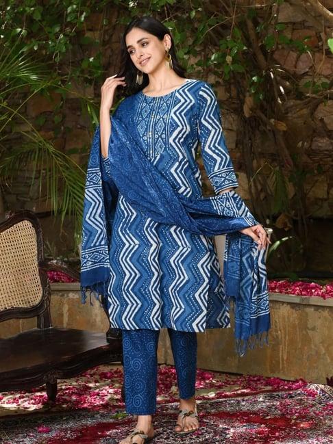 zolo label indigo printed kurta with pant & dupatta