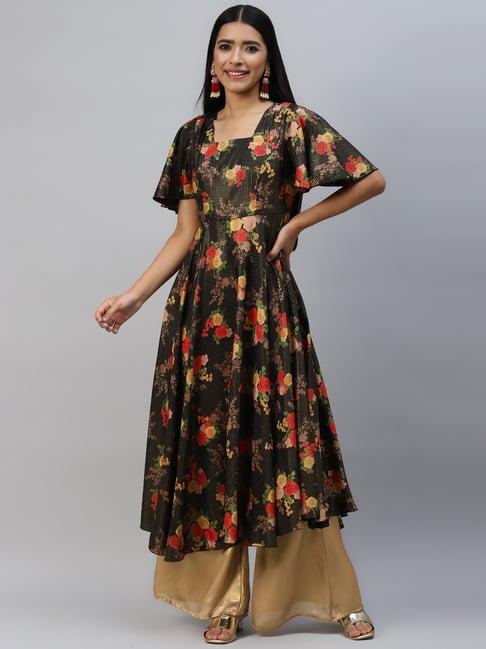 poshak hub black printed fit and flare kurta