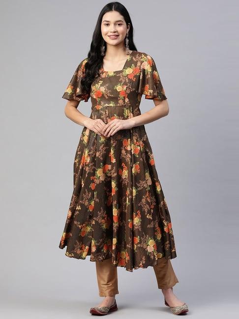 poshak hub brown printed fit and flare kurta