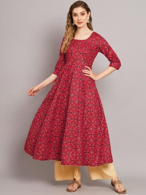 poshak hub red cotton printed fit and flare kurta