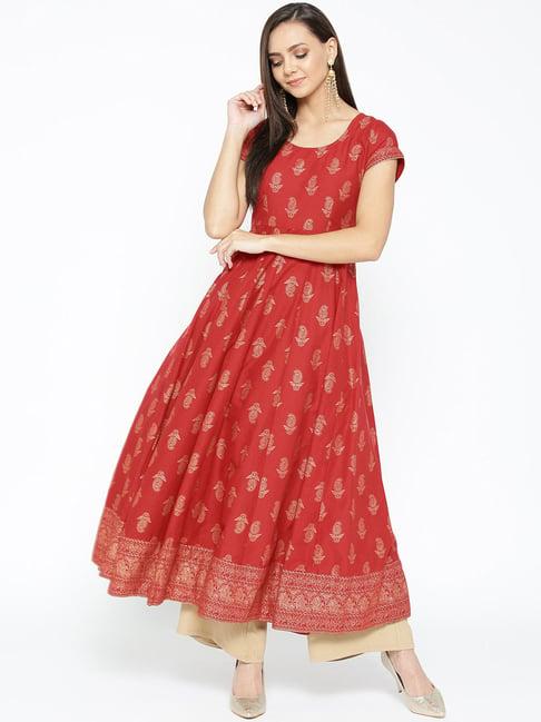 poshak hub red cotton printed anarkali kurta