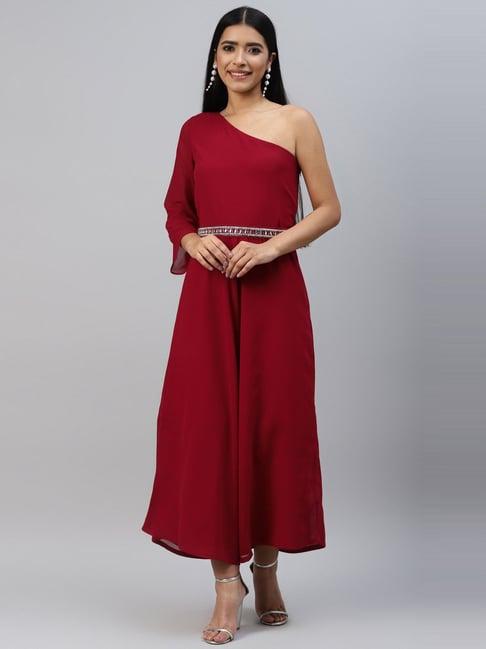 poshak hub maroon one-shoulder jumpsuit