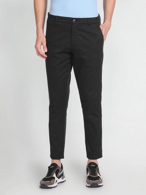 arrow sport black cotton slim fit striped trousers