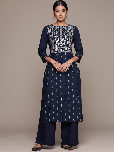 ziyaa navy printed kurta & palazzo set