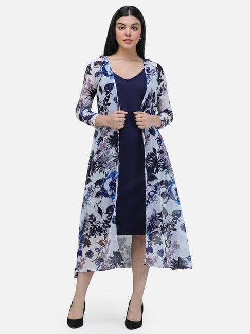 scorpius white & navy floral print long shrug