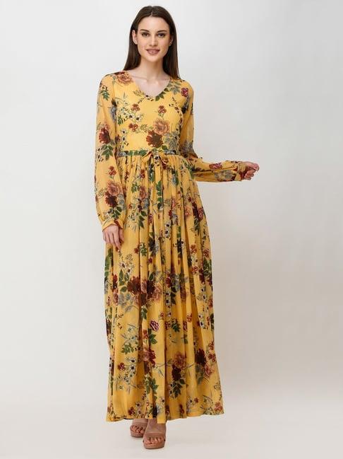 scorpius yellow floral print maxi dress with belt