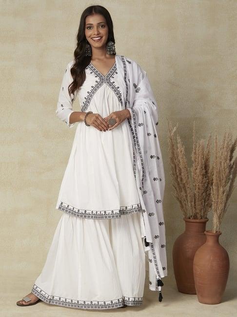 fashor white cotton printed kurta palazzo set with dupatta