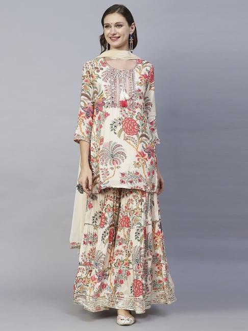 fashor cream printed kurta sharara with dupatta