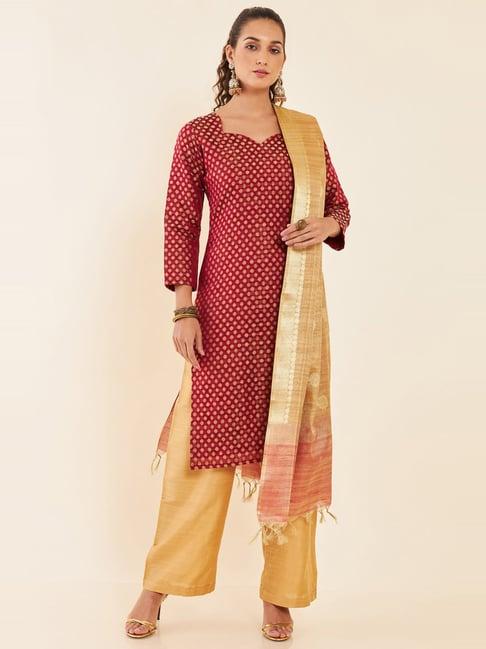 soch red & golden woven pattern unstitched dress material