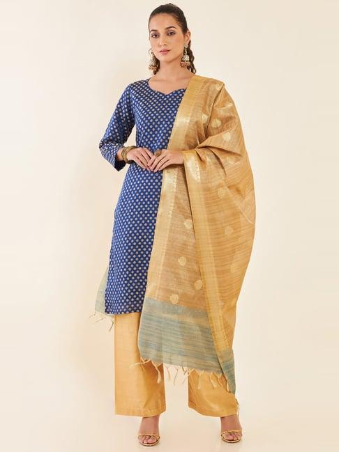 soch blue & golden woven pattern unstitched dress material