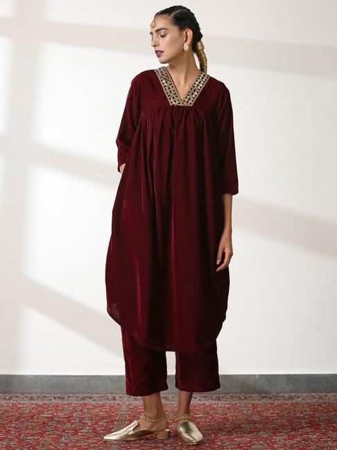 swtantra maroon embellished kurta palazzo set