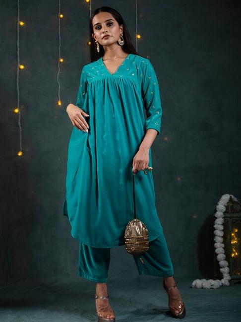 swtantra turquoise embellished kurta palazzo set