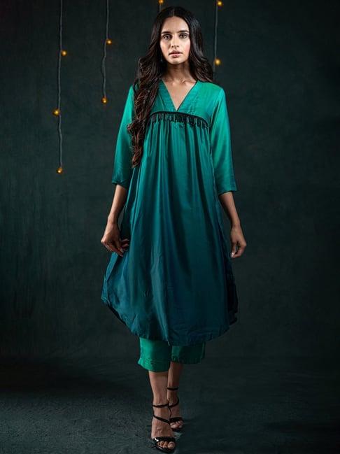 swtantra rama green loose fit kurta palazzo set