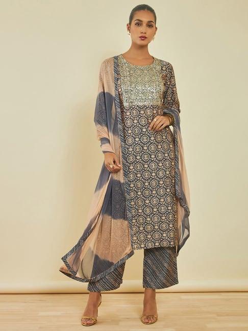 soch grey printed kurta palazzo set with dupatta