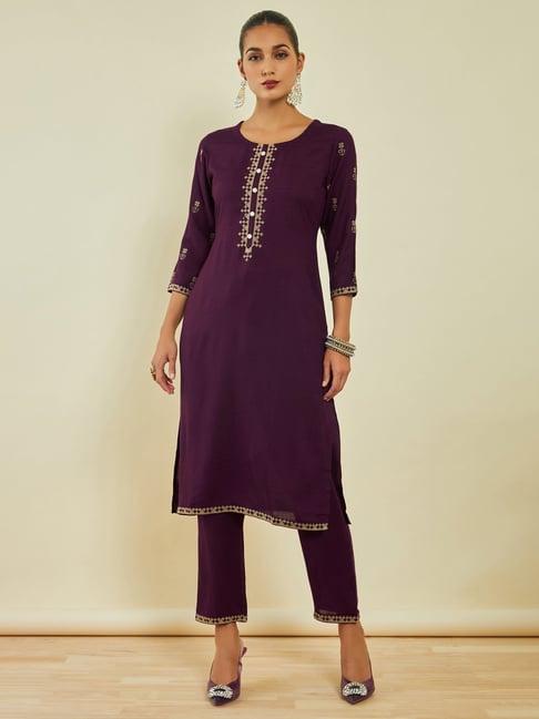 soch wine rayon slub floral embroidered round-neck straight kurta set