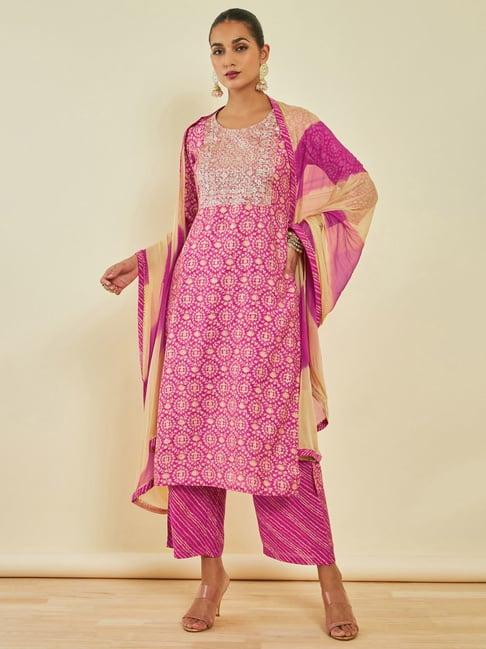 soch pink printed kurta palazzo set with dupatta