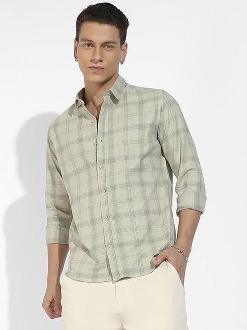 campus sutra sage green regular fit checks shirt