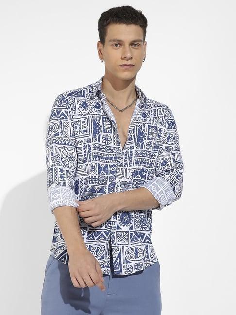 campus sutra indigo blue regular fit printed shirt