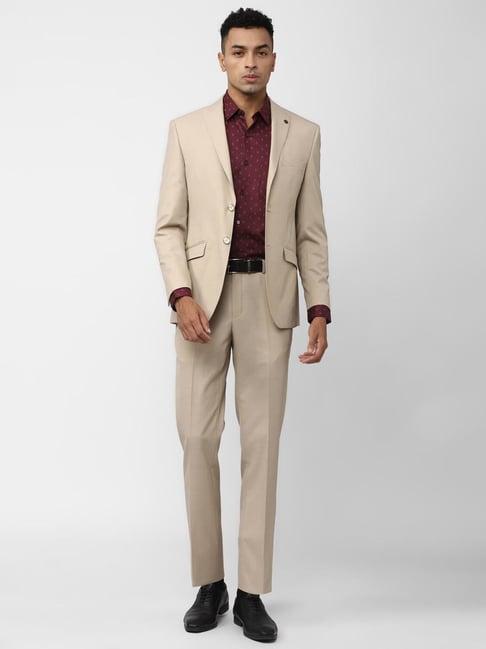 peter england elite beige slim fit self pattern two piece suit