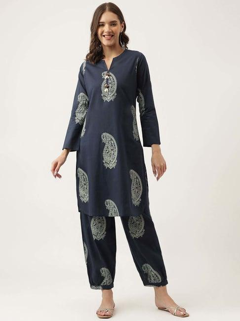 divena navy cotton paisley print kurta salwar set