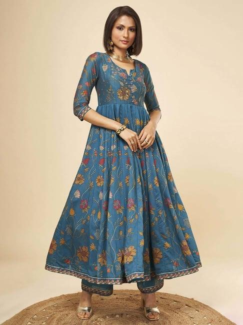 marigold lane teal blue printed kurta palazzo set with dupatta