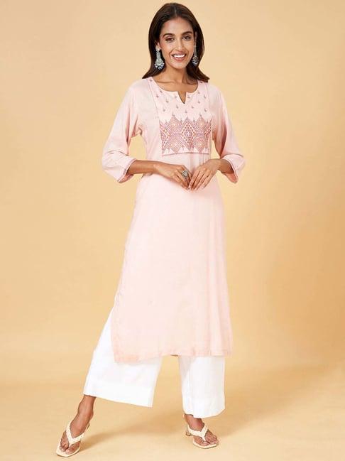 rangmanch by pantaloons pink embroidered straight kurta