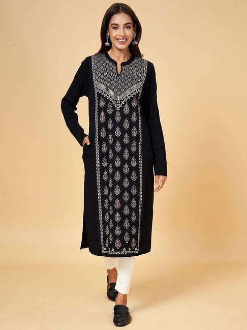 rangmanch by pantaloons black embroidered straight kurta