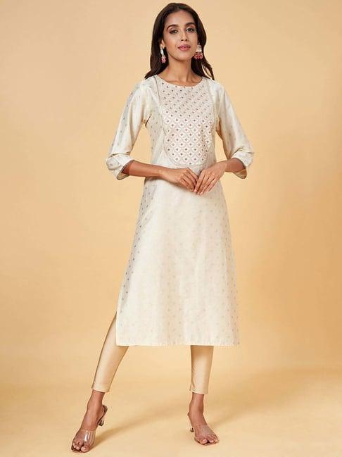 rangmanch by pantaloons off-white embroidered straight kurta