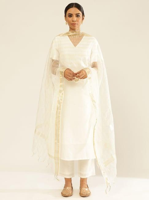 abhishti white cotton kurta pant set with dupatta