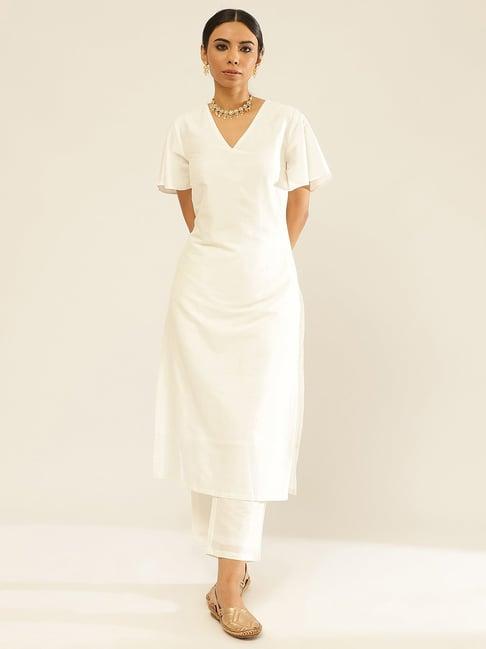 abhishti white cotton kurta pant set