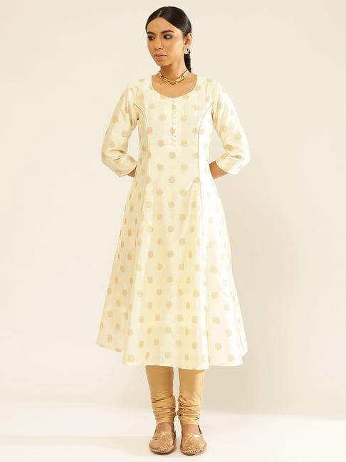 abhishti white & beige zari work kurta churidar set