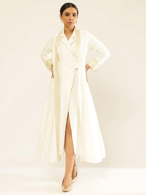 abhishti white zari work a-line wrap dress with shrug