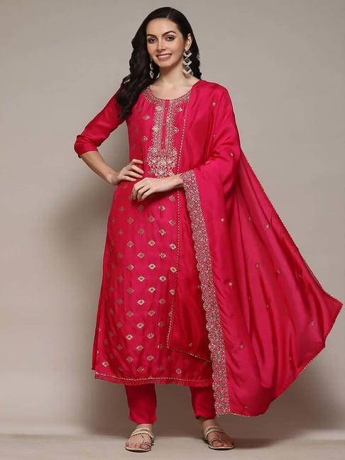 biba pink embroidered unstitched dress material