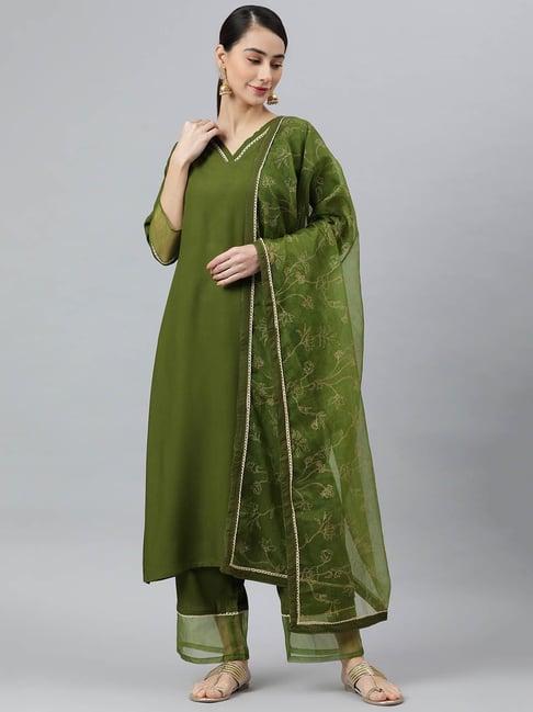 janasya olive rayon kurta with pant & dupatta