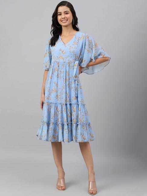 janasya sky blue printed wrap dress