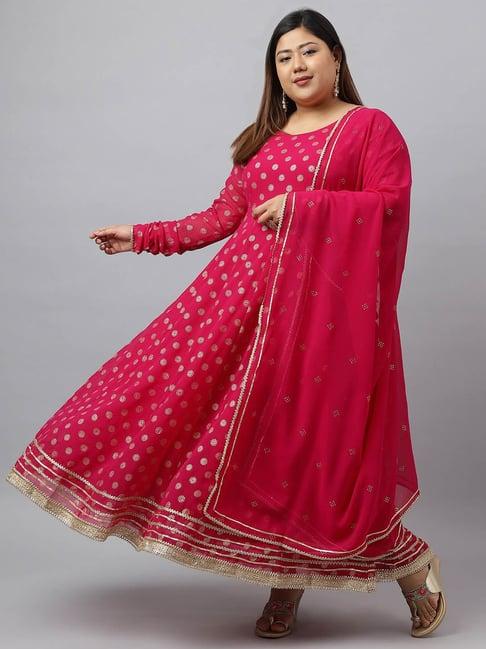 xl love by janasya bright pink printed flared kurta with dupatta