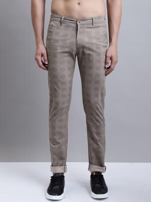 cantabil light brown regular fit check flat front trousers