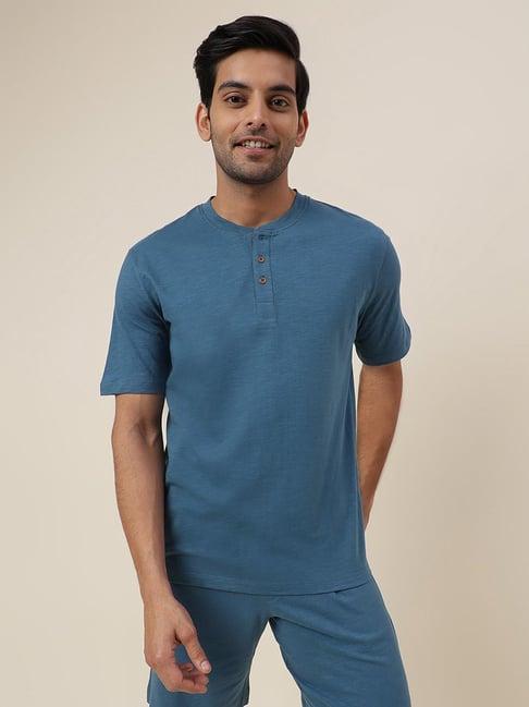 fabindia teal comfort fit henley t-shirt