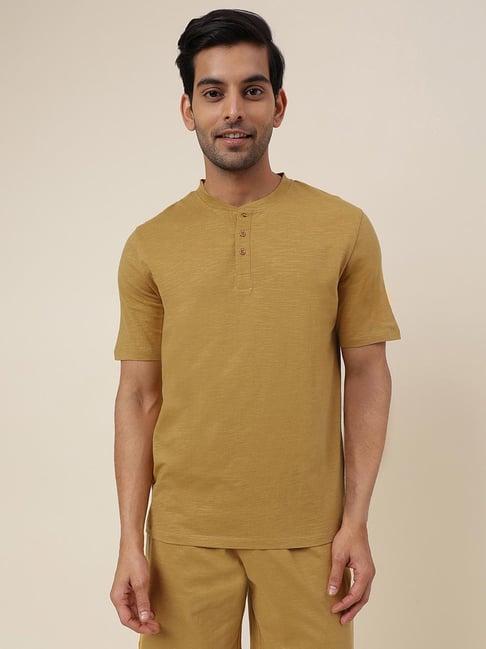 fabindia mustard comfort fit henley t-shirt