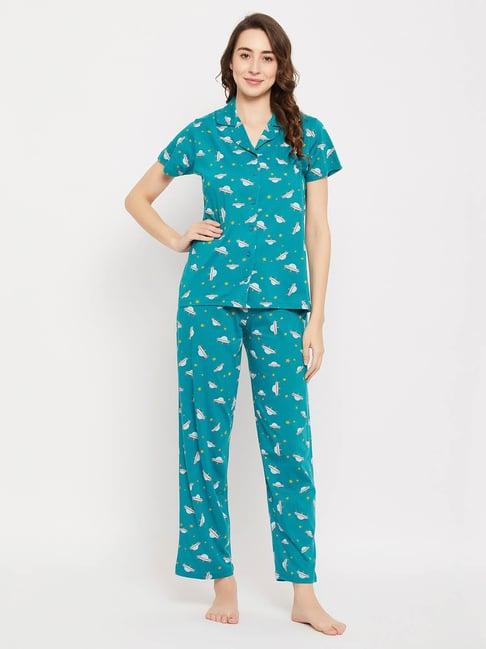 clovia teal cotton printed shirt with pyjamas