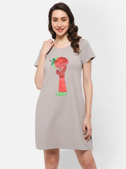 clovia grey cotton graphic print night dress