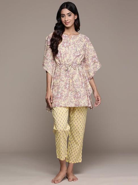 anubhutee yellow printed pure cotton kaftan top with pyjamas