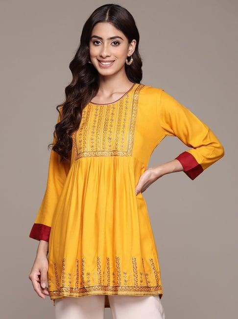 anubhutee mustard embroidered a line kurti