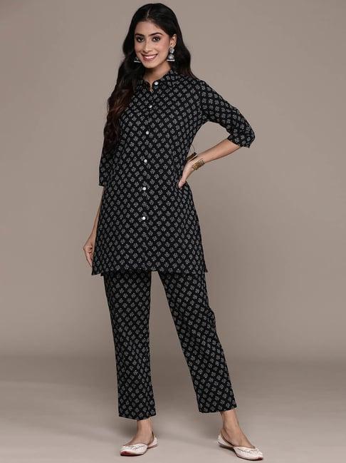 anubhutee black printed pure cotton tunic & pant set