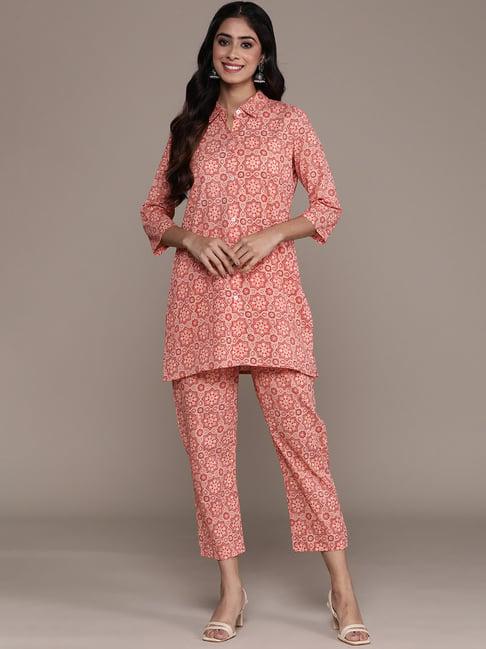 anubhutee peach printed pure cotton tunic & pant set